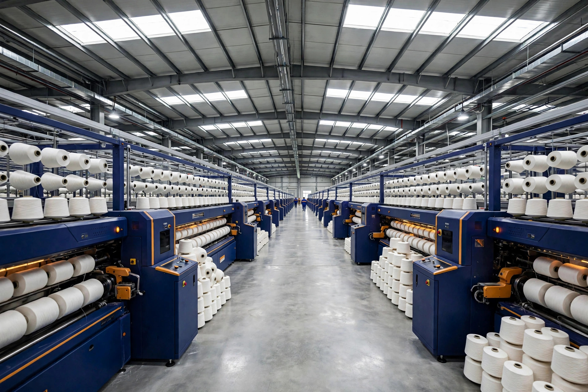 Sample image: the ring-spinning hall at the group's main mill in Zhuji — long rows of spinning frames with white yarn cones