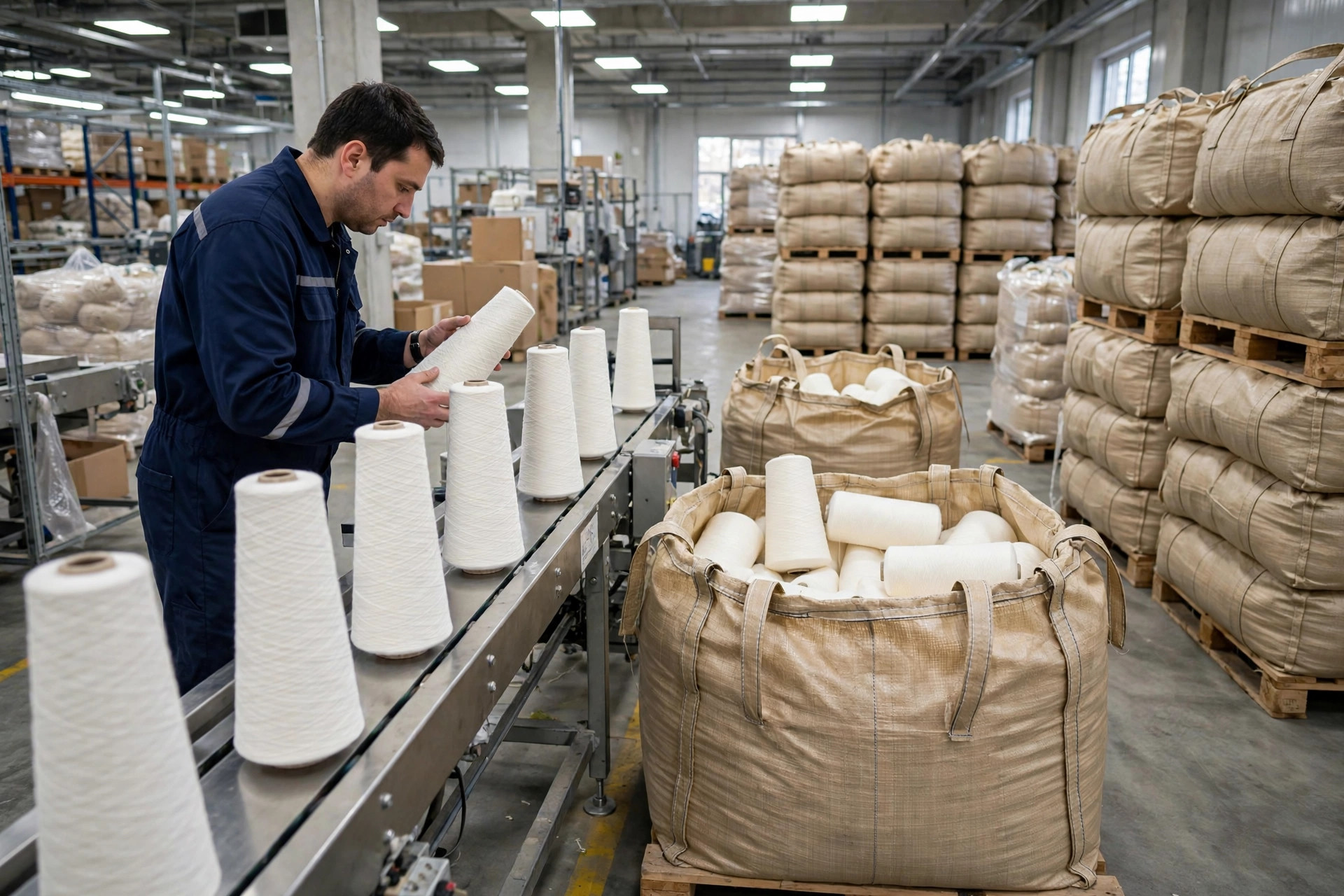 Sample image: quality inspection of finished yarn cones and export packing into 25 kg bags